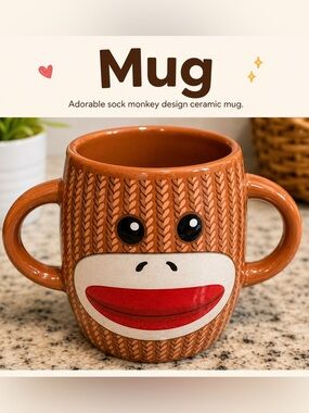 Brown Sock Monkey Ceramic Mug with Dual Handles